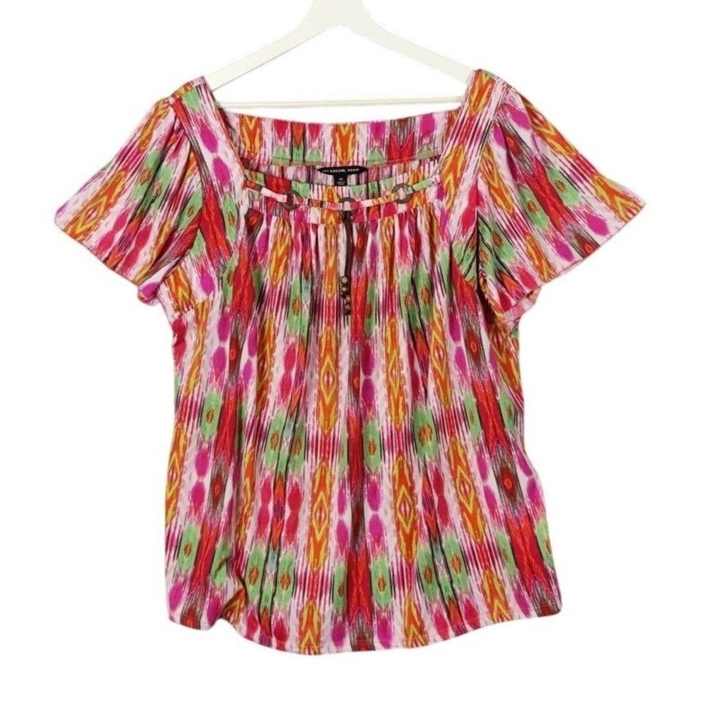 Zac & Rachel Woman Tropical Eclectic Flowy Blouse 2X Top Ikat Beaded Square Neck